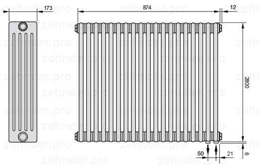 Схема (чертеж) Радиатор Zehnder Charleston 5280/19 №5510 Белый глянцевый RAL 9016